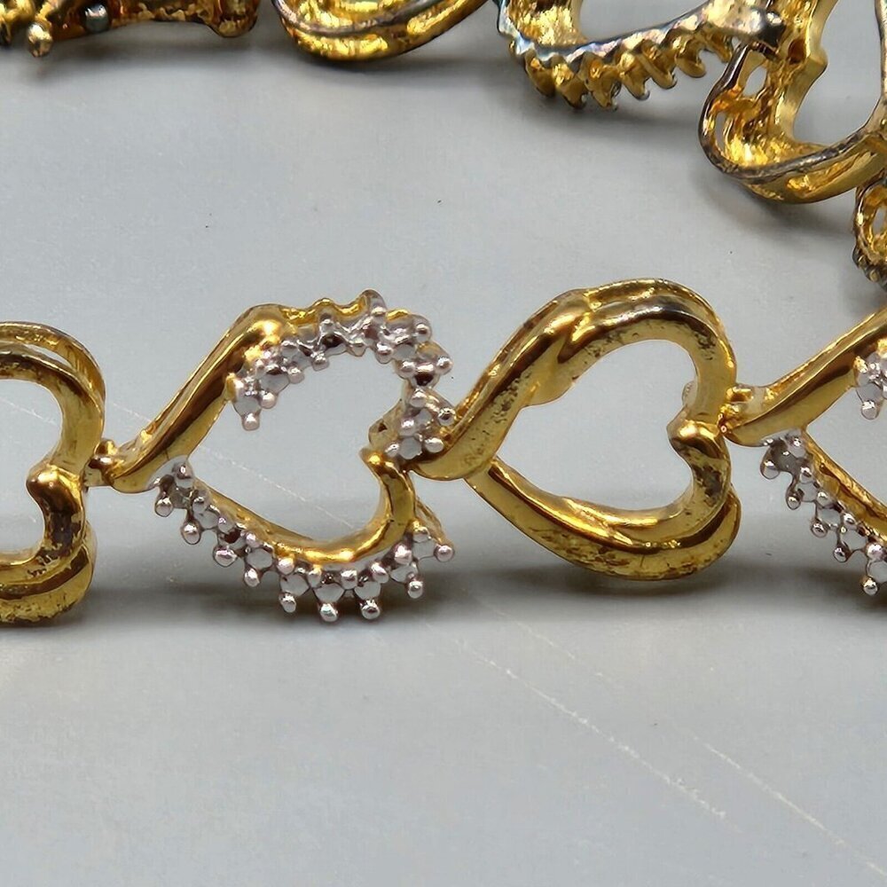 Gold Plated Sterling Silver Heart Link Chain Bracelet 925 Clear Stones 7" Long - Picture 3 of 9